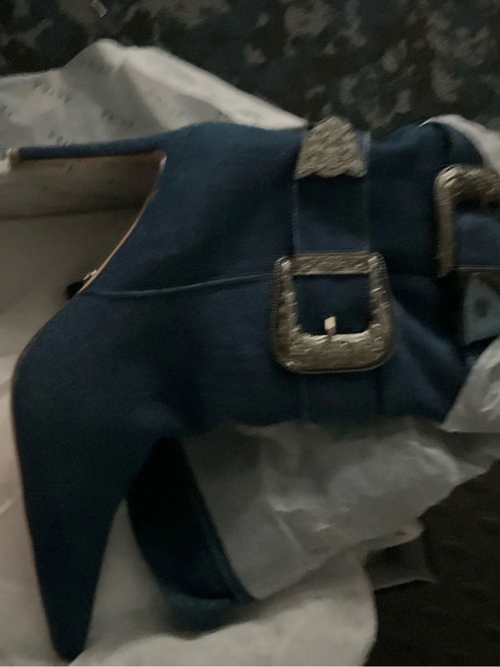 AKIRA Denim Blue Over-the-Knee Buckle Stiletto Boots